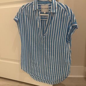 Lola River Blue & White Striped V-Neck Short Sleeve Top